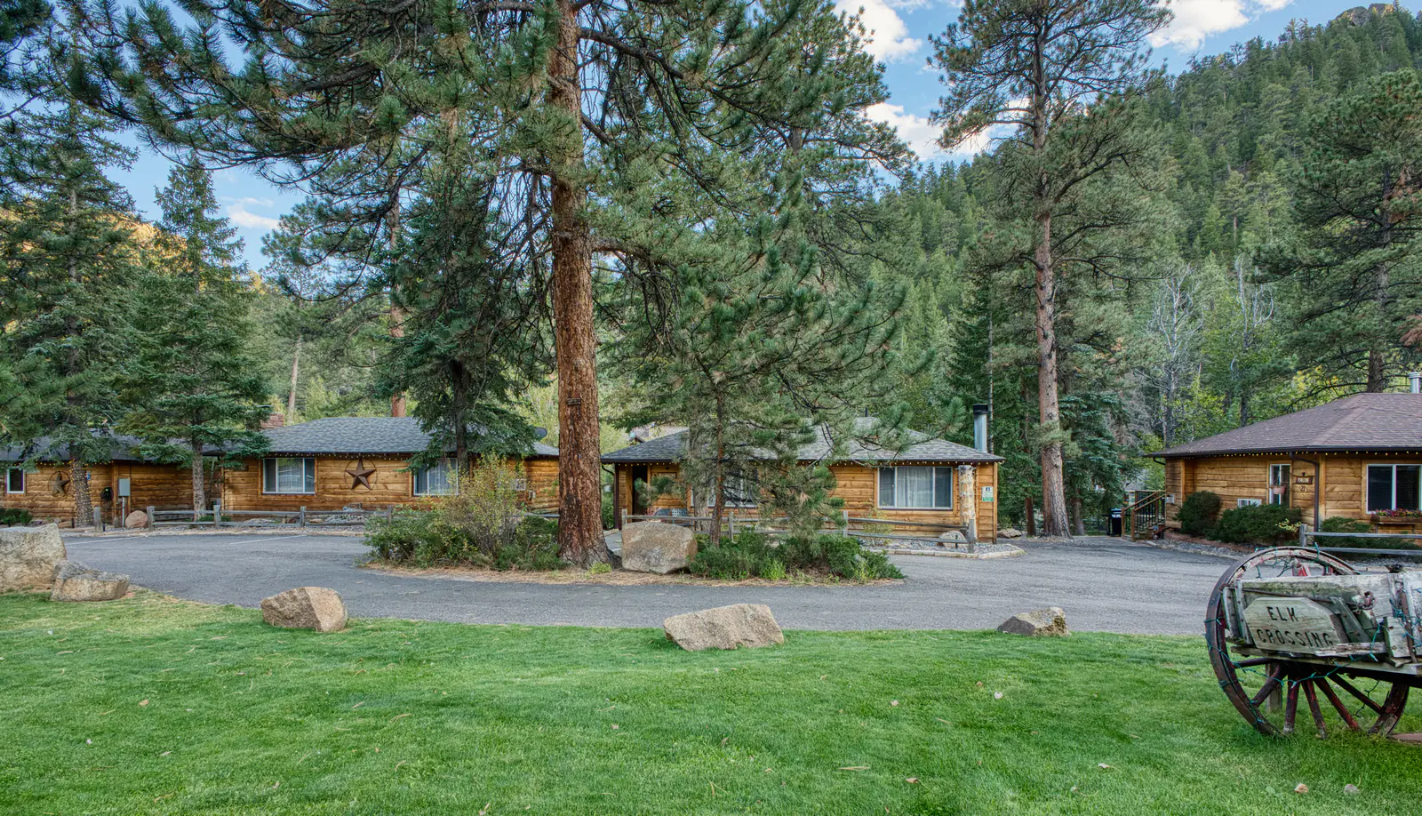 Fall River Cabins nestled among pine trees beneath a forested mountain in Estes Park, Colorado